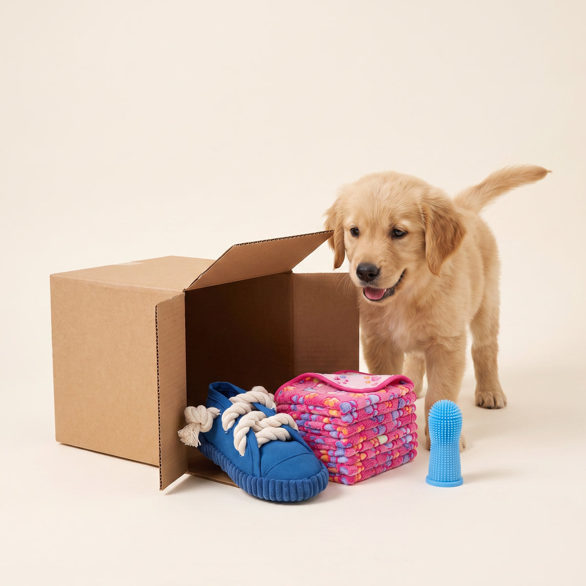 A puppy unboxing Wagvive kit essentials from a plain box