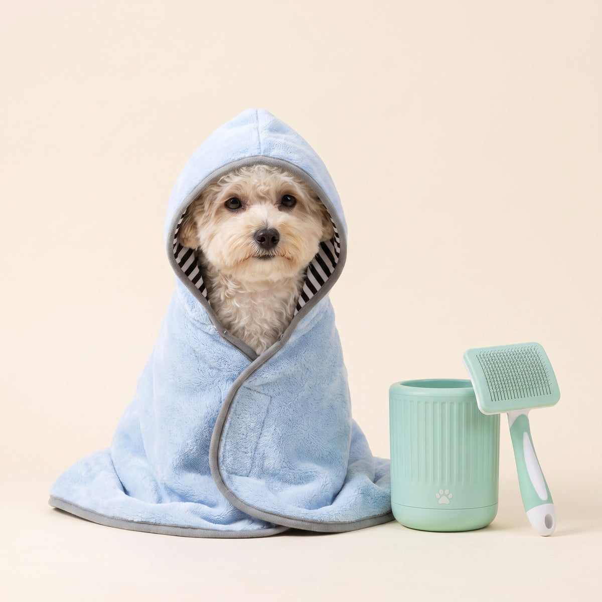 A freshly bathed dog in the Wagvive hooded bath robe beside the paw washing cup and slicker brush