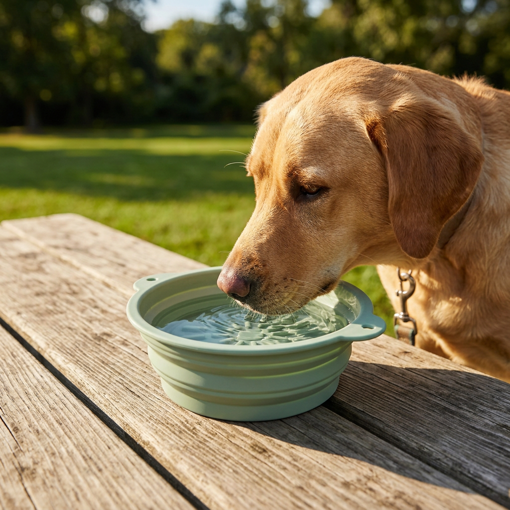A dog drinking from the Wagvive 3-in-1 Travel Bowl outdoors