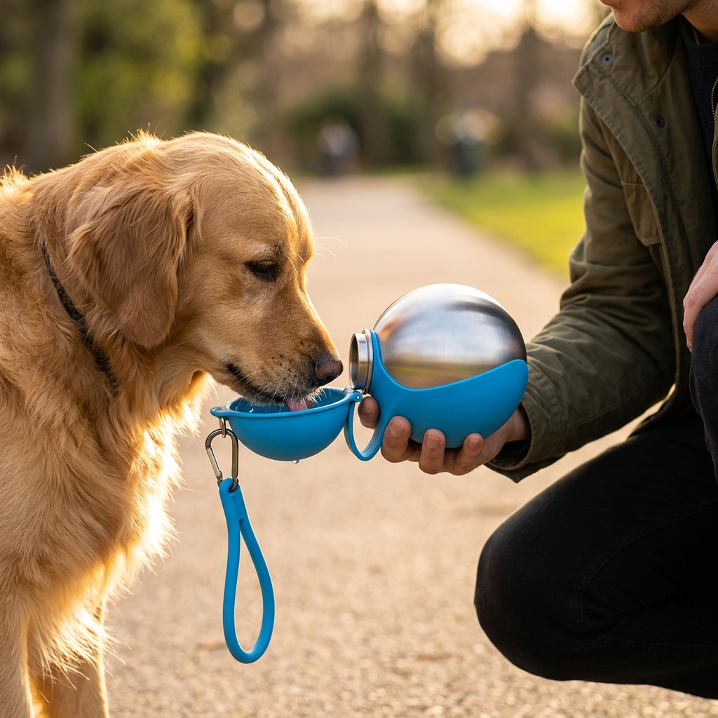 Golden retriever drinking from the Wagvive Travel Bottle bowl