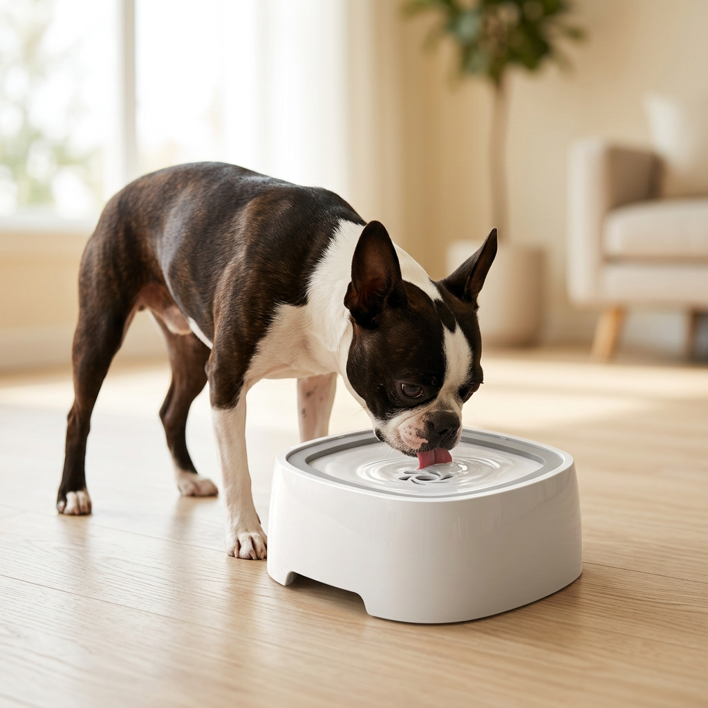 Dog drinking from the Wagvive Anti-Spill Water Bowl