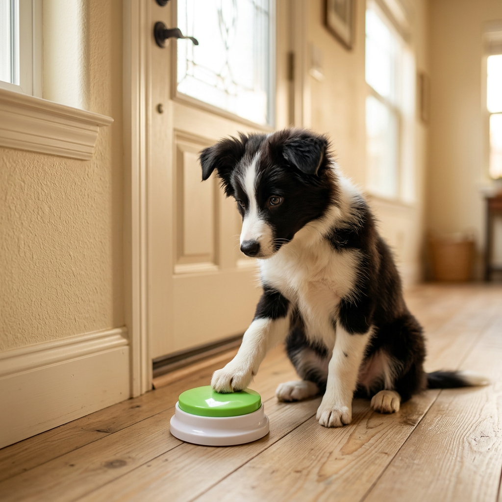 Puppy learning the Wagvive Talk Button