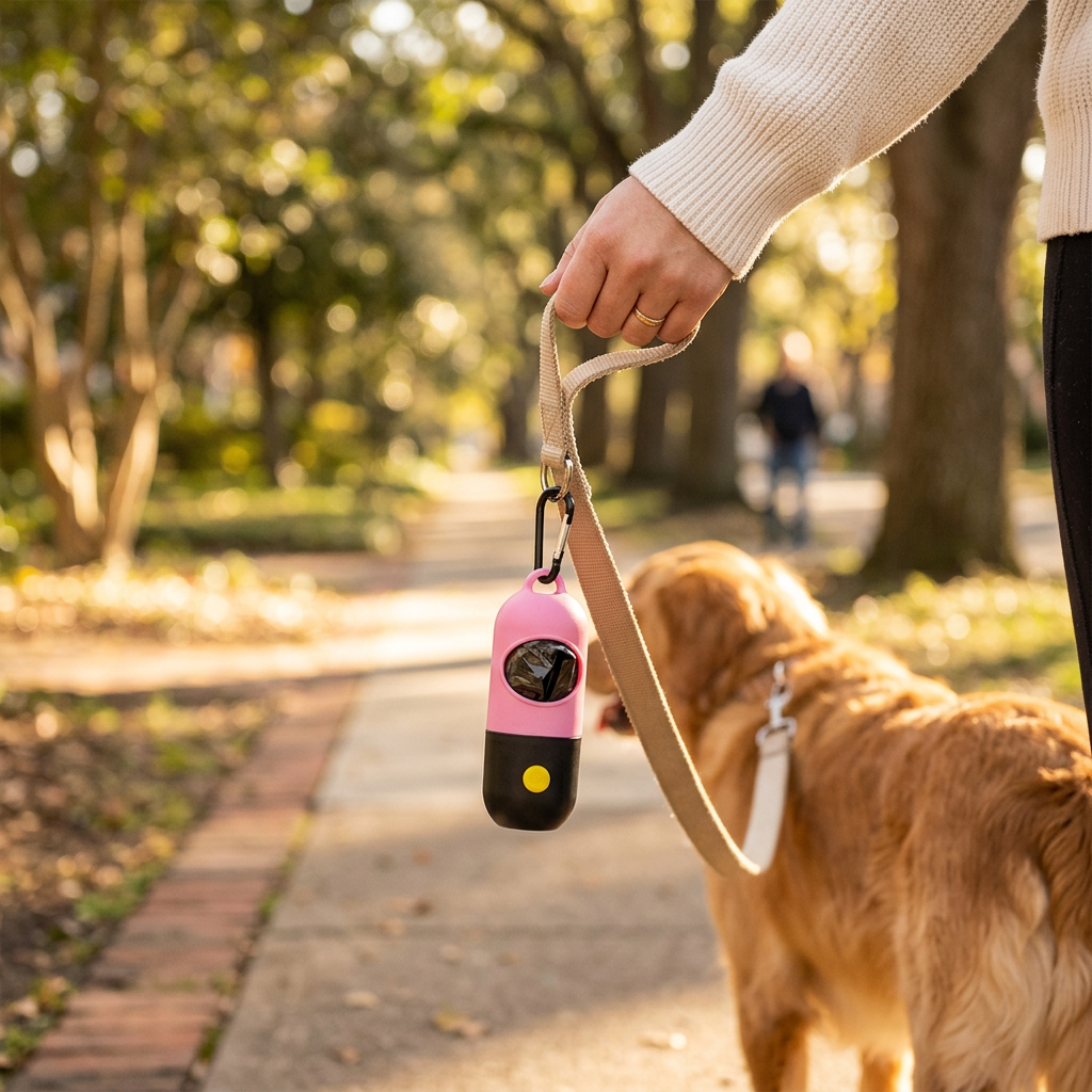 Wagvive LED Dispenser clipped to a leash on a walk