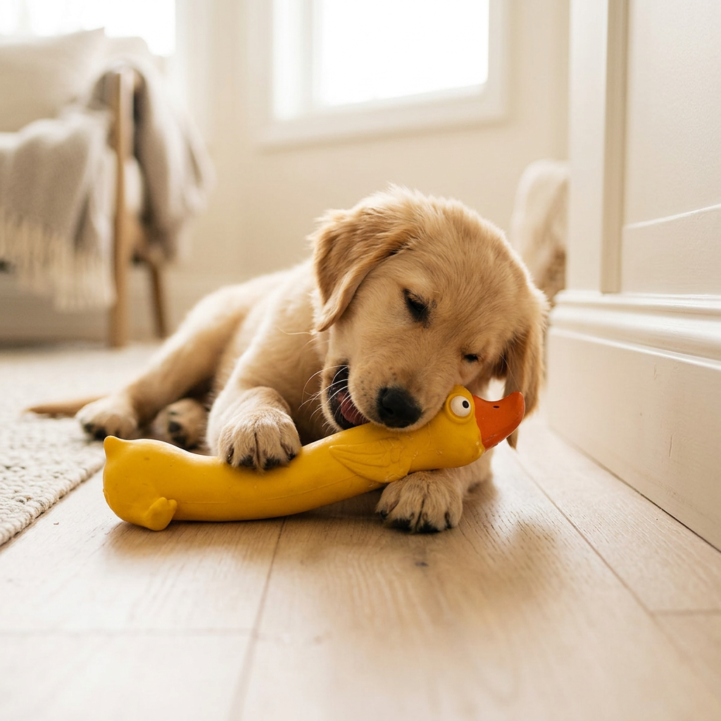 Puppy chewing the Wagvive Dental Duck