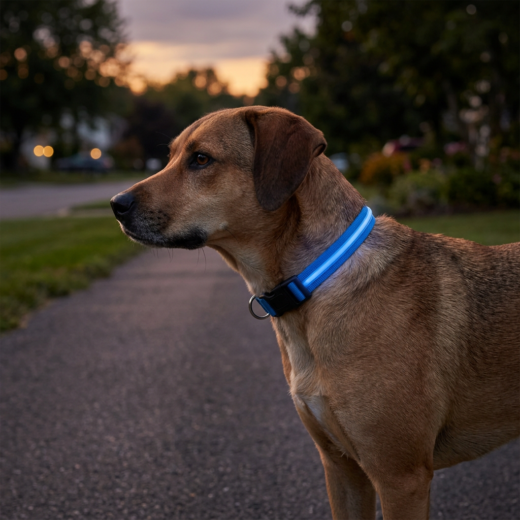 A dog wearing the Wagvive LED Safety Halo Collar, lit at dusk