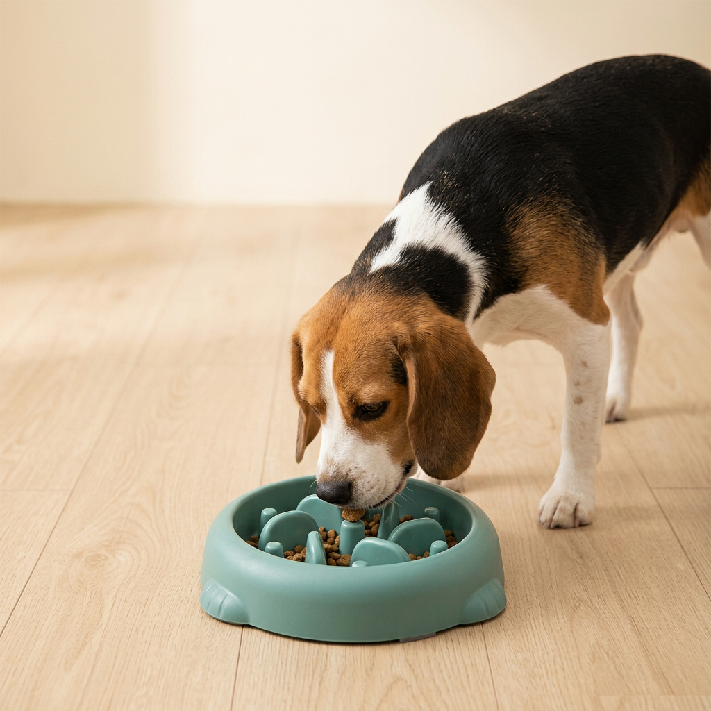Beagle eating from the Wagvive Slow Feeder Bowl
