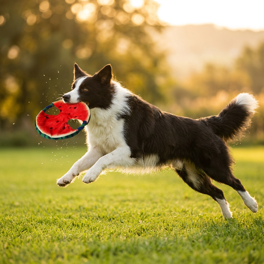 Dog catching the Wagvive Watermelon Frisbee