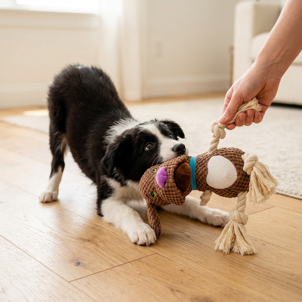 Puppy tugging the Wagvive Rope-Limb Puppy Plush