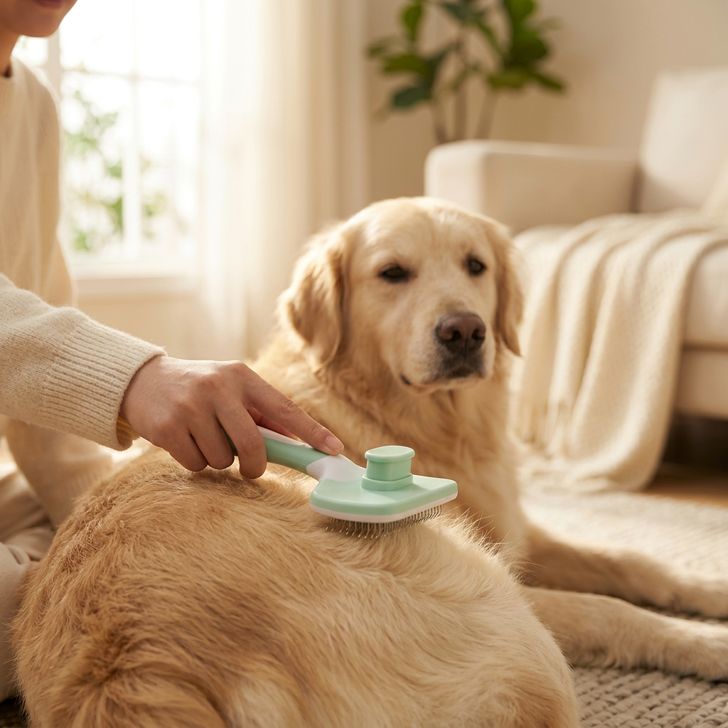 Brushing a golden retriever with the Wagvive Slicker Brush