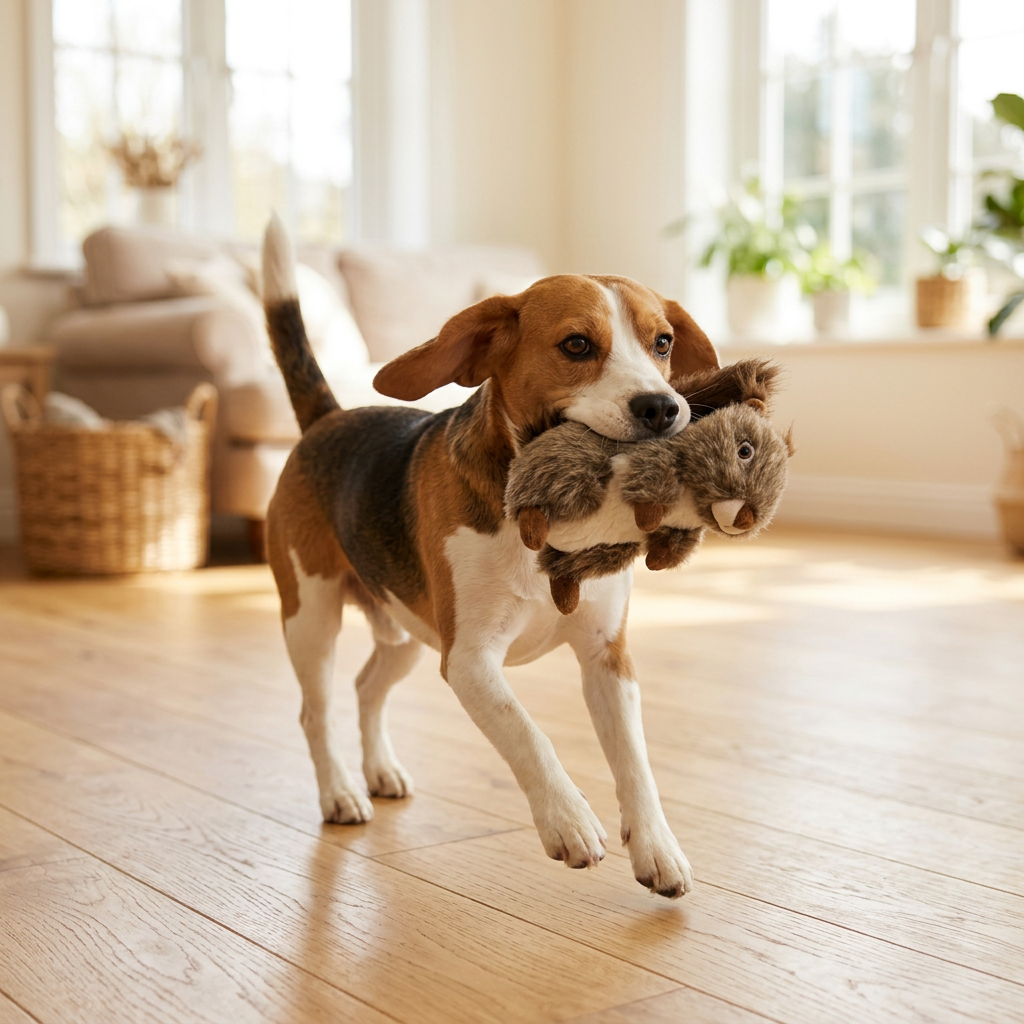 Beagle carrying the Wagvive Squirrel Squeaky Plush