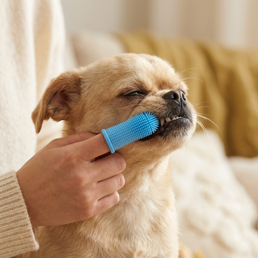 Brushing a dog’s teeth with the Wagvive Finger Toothbrush