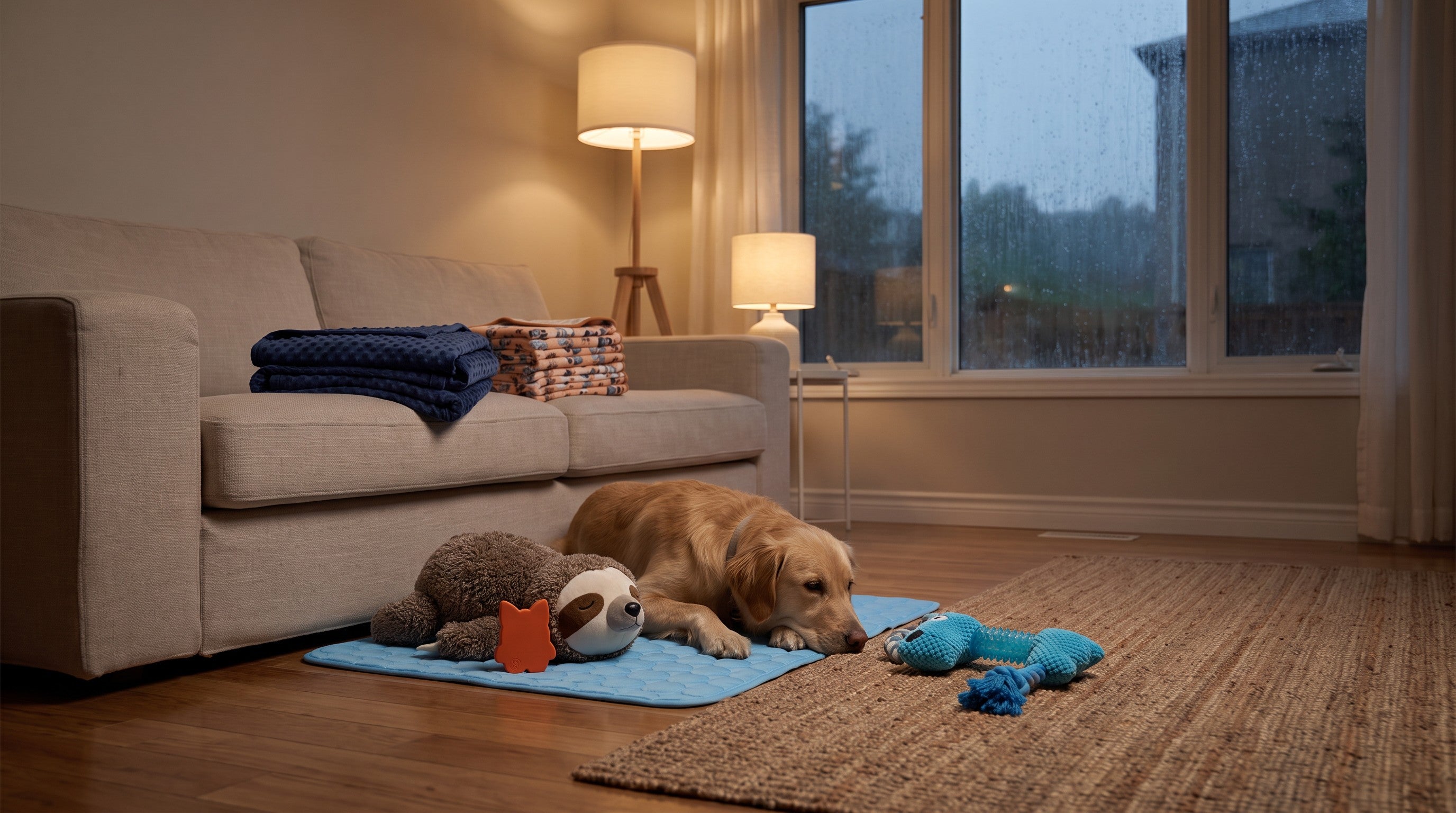A dog resting on the Calm & Comfort Kit cooling pad beside its heartbeat sloth on a rainy evening